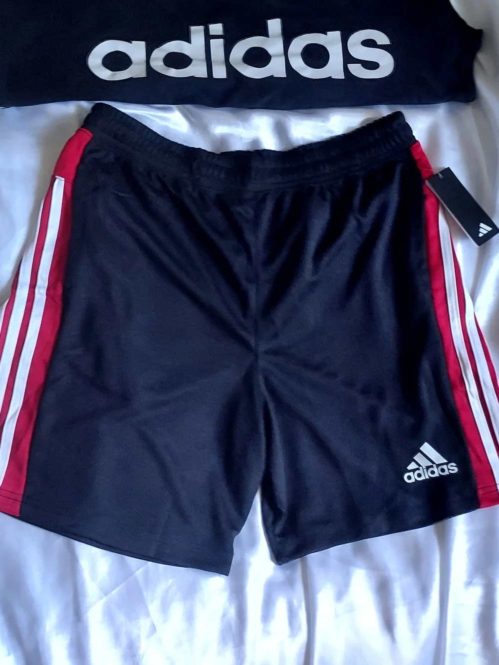 adidas Men's Black Shorts with Red Side Panels and White Stripes